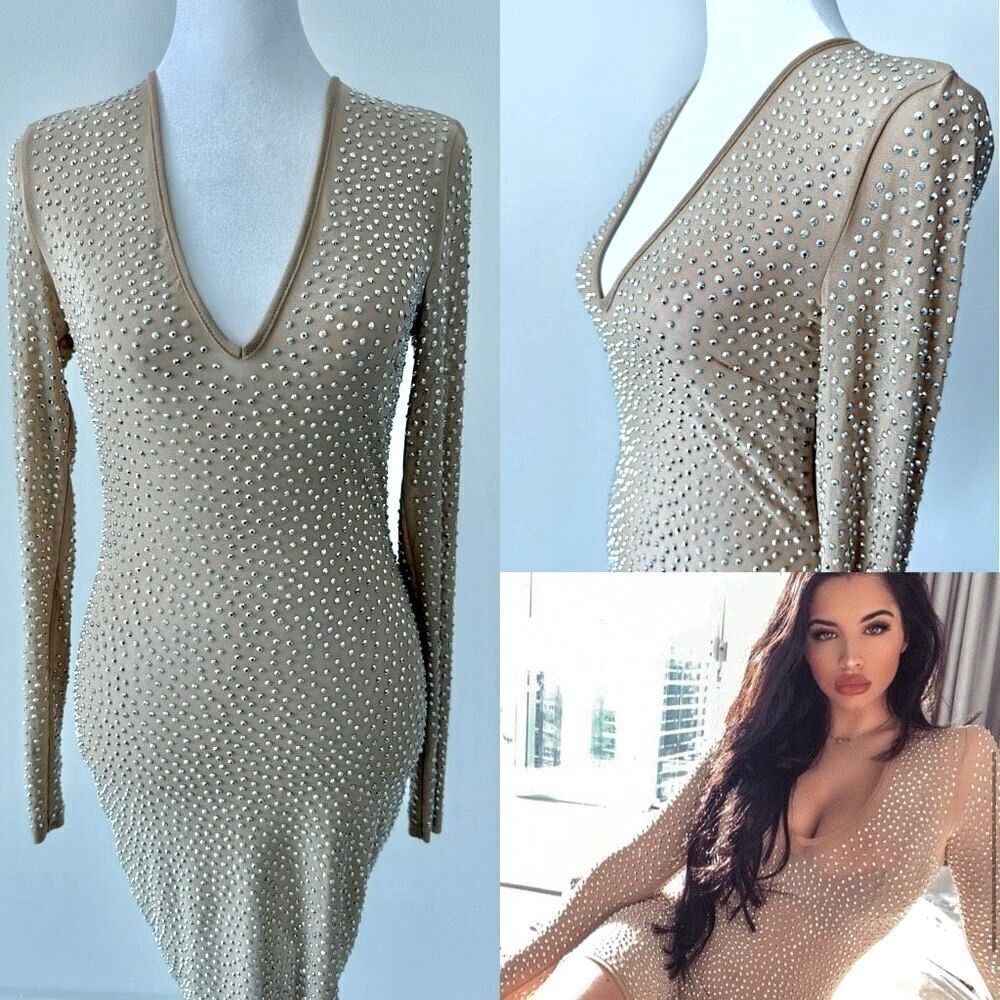 Dazzling Mesh Rhinestone Mini Dress – Nude, Long Sleeve, Sexy & Sheer – NWOT